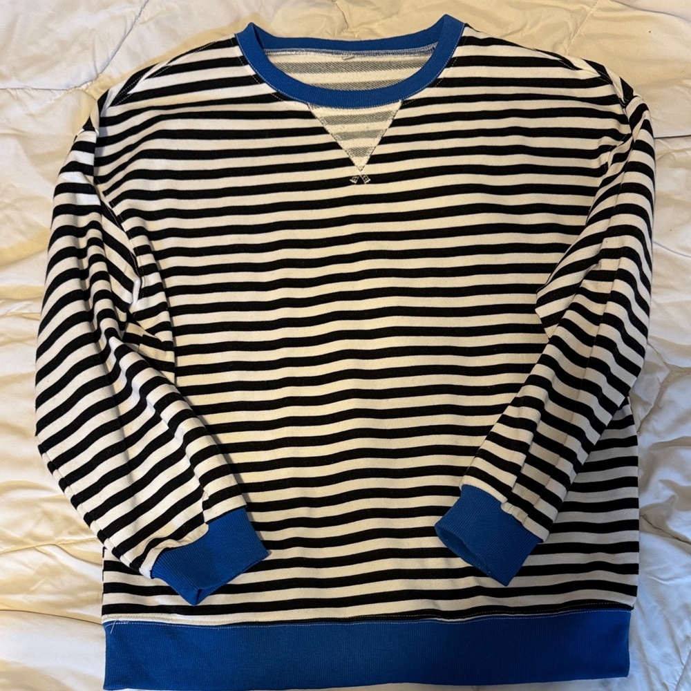 Striped Black and White Sweater with Blue Accents
